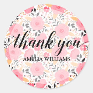 Thank You Text Pink Flowers Classic Round Sticker