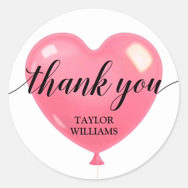 Thank You Text Pink Heart Balloon Classic Round Sticker (Front)