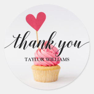 Thank You Text Pink Heart Cupcake Classic Round Sticker