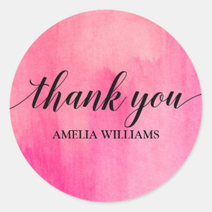 Thank You Text Pink Watercolor Classic Round Sticker