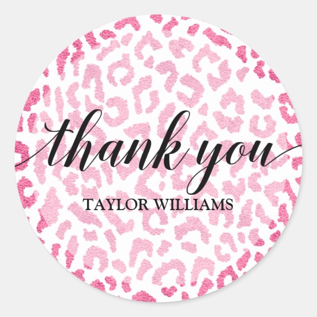 Thank You Text Pink White Leopard Classic Round Sticker (Front)