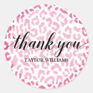 Thank You Text Pink White Leopard Classic Round Sticker