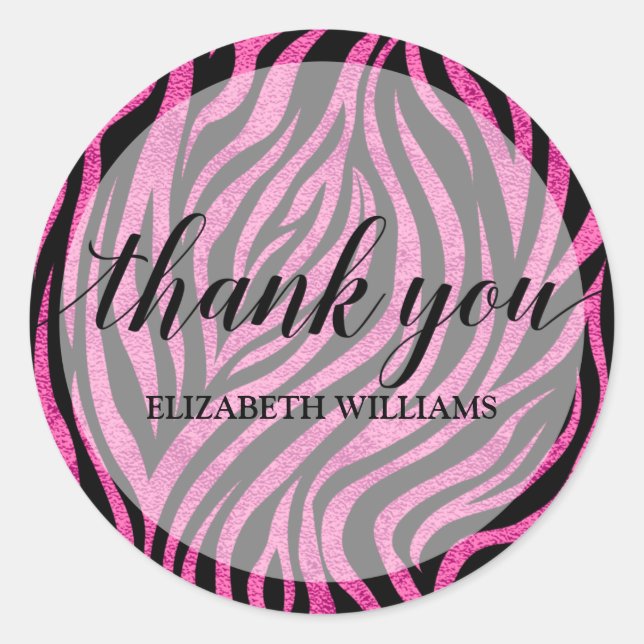 Thank You Text Pink Zebra Classic Round Sticker (Front)