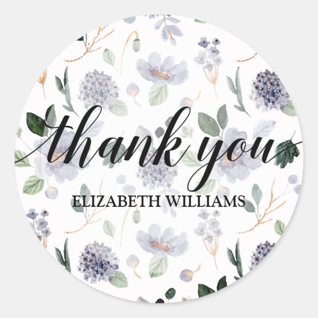 Thank You Text Purple Flower Classic Round Sticker (Front)