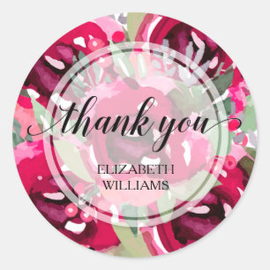 Thank You Text Watercolor Flowers Classic Round Sticker