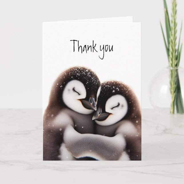 Thank you Thanks Cute Cuddling Penguin Birds Card (Front)