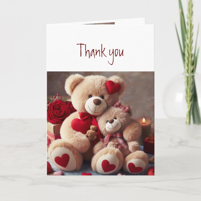 Thank you Thanks Cute Cuddling Teddy Love Hearts Card (Front)