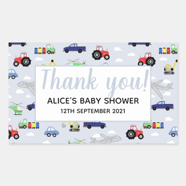 Thank You Transport Pattern Boy Baby Shower Rectangular Sticker (Front)