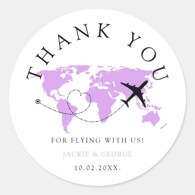 Thank you Travel Wedding World Map Lavender  Classic Round Sticker (Front)