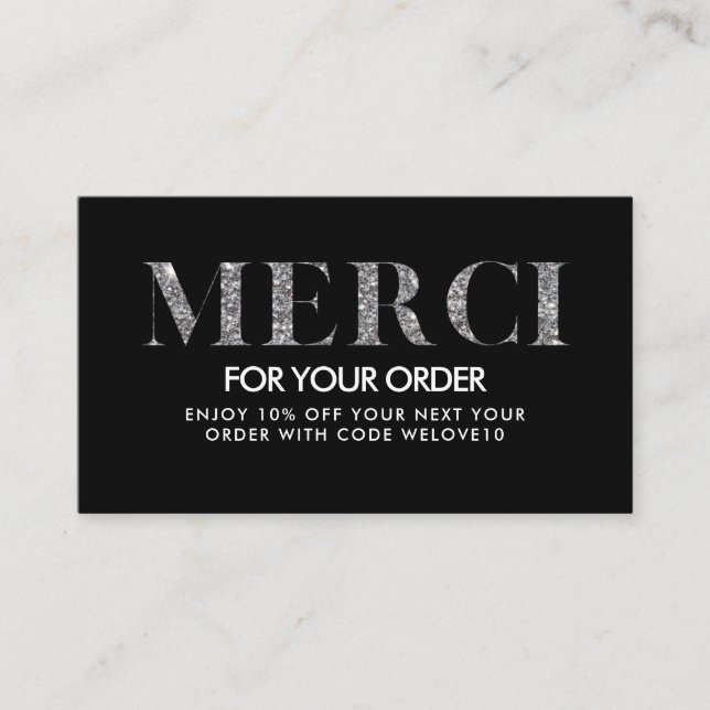 Thank you Trendy Elegant Glitter Merci Discount Business Card (Front)