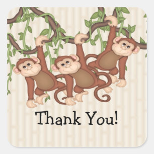Thank You! Triplet Monkeys Baby Shower Square Sticker