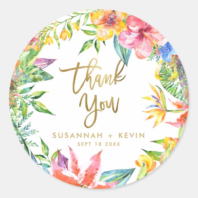 Thank you | Tropical Watercolor Flowers Wedding Classic Round Sticker (Front)