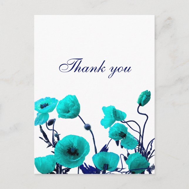 Thank You Turquoise Blue Poppy Floral Art Custom Postcard (Front)