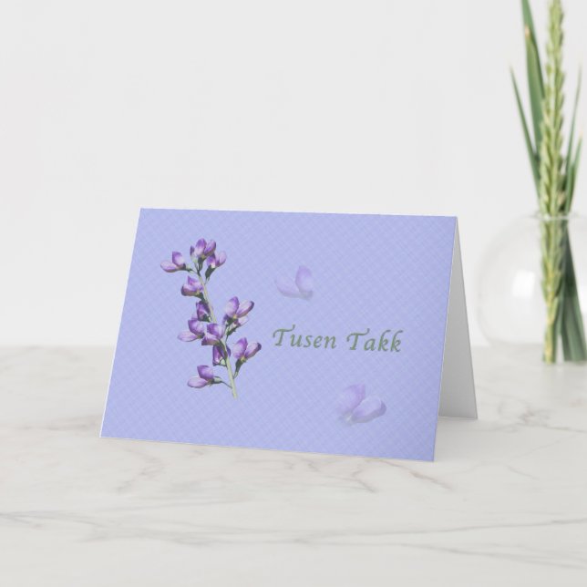 Thank You, Tusen Takk, Norwegian, Purple Sweet Pea Thank You Card (Front)