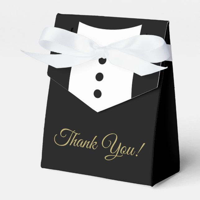 Thank You Tuxedo Black & Gold Wedding  Favour Box (Front Side)