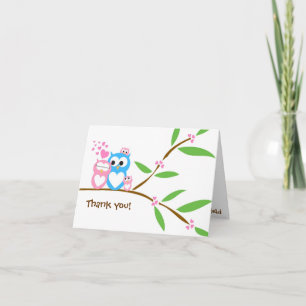Thank you Twin Baby Girl Owl Baby Shower Note Card