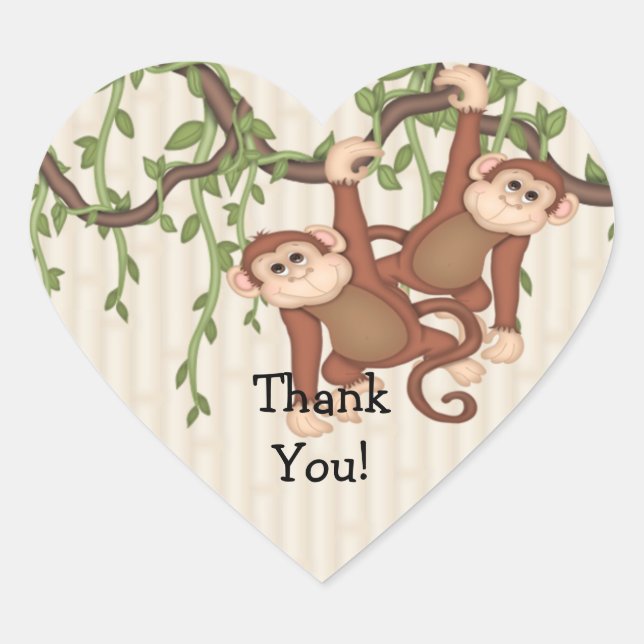 Thank You Twin Monkeys Baby Shower Heart Sticker (Front)