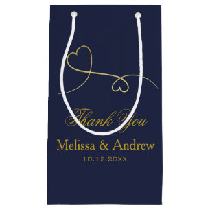 Thank You - Two Elegant Gold Hearts, Blue Wedding  Small Gift Bag