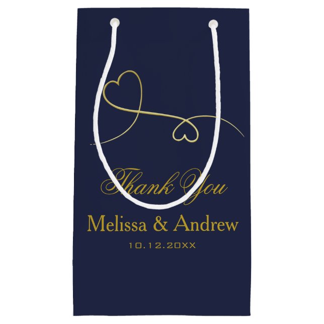 Thank You - Two Elegant Gold Hearts, Blue Wedding  Small Gift Bag (Front)