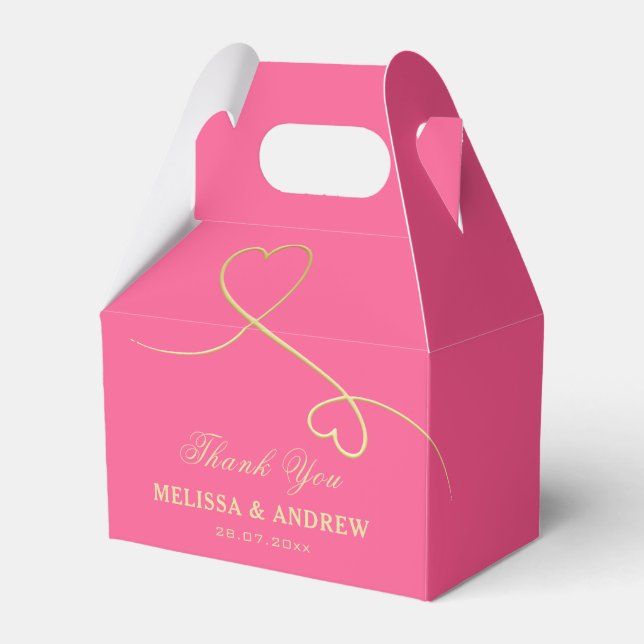 Thank You | Two Gold Hearts | Fuchsia Pink Wedding Favour Box (Front Side)