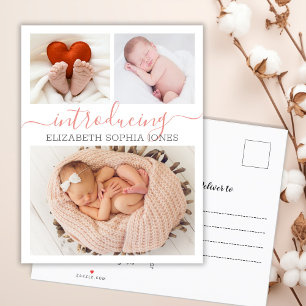 Thank You Typography 3 Photo Collage Birth Announcement Postcard