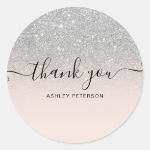 Thank you typography blush silver glitter ombre classic round sticker