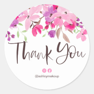 Thank you typography brush pink floral watercolor classic round sticker