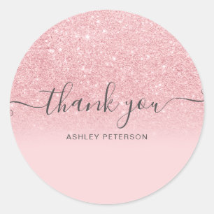 Thank you typography chic blush pink glitter ombre classic round sticker
