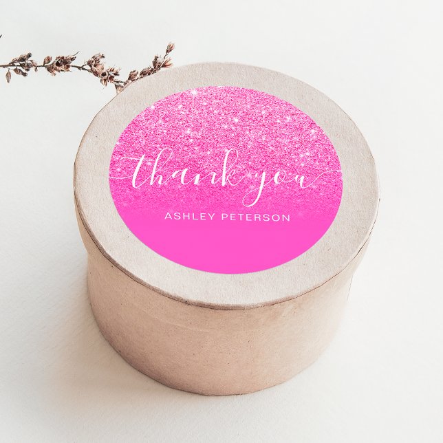 Thank you typography chic pink glitter ombre classic round sticker (Creator Uploaded)