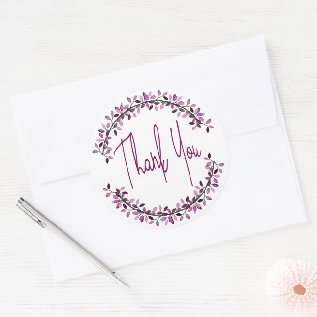 Thank You Typography Chic Purple Leaf Wreath Classic Round Sticker (Envelope)