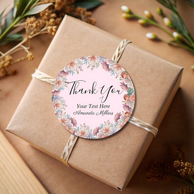 Thank you typography floral blush pink classic round sticker (Creator Uploaded)