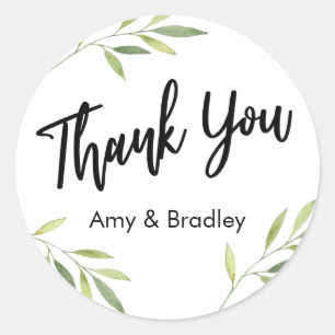 Thank You Typography & Green Watercolor Foliage Classic Round Sticker