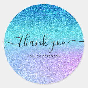 Thank you typography mermaid glitter blue purple classic round sticker