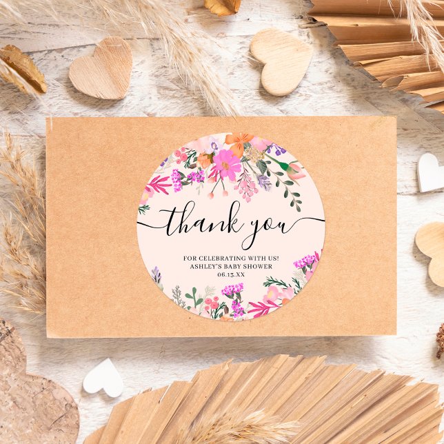 Thank you typography pastel meadow wild flowers classic round sticker (Creator Uploaded)
