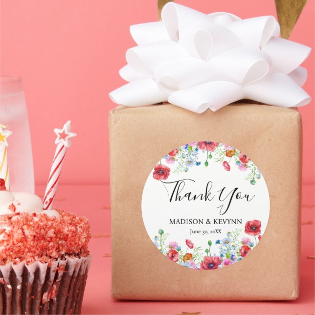 Thank you typography pastel meadow wild flowers  classic round sticker (Party)