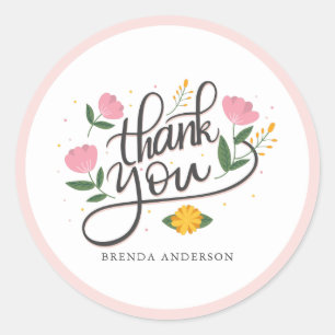 Thank You-typography pink flowers accents Classic Round Sticker