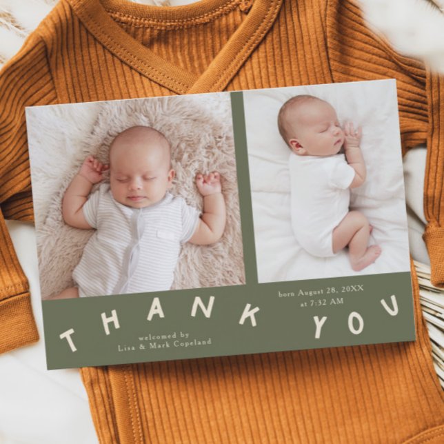 Thank You Typography Sage Green Birth Photo  Announcement (Creator Uploaded)
