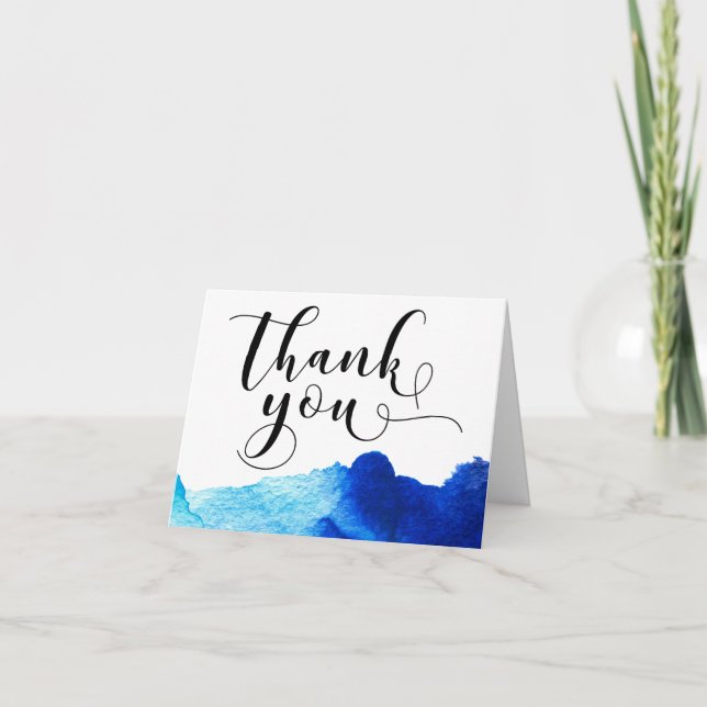 Thank You Typography Wedding Blue Watercolor Card (Front)