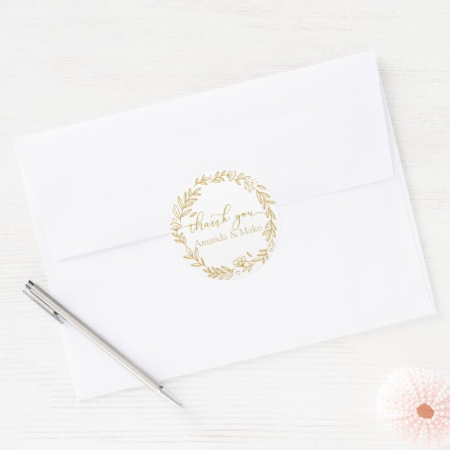 Thank you typography with fold floral wreath classic round sticker (Envelope)