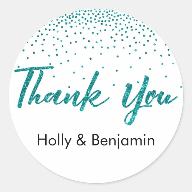 Thank You Typography with Teal Glitter Confetti Classic Round Sticker (Front)