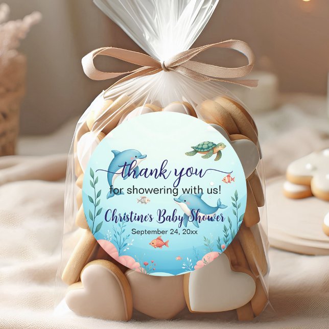 Thank you Under the Sea Baby Shower favours Classic Round Sticker (Creator Uploaded)
