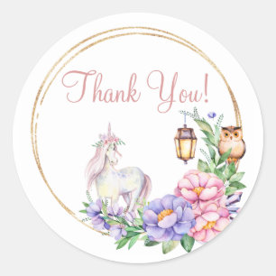 Thank You Unicorn Owl Watercolor Floral Classic Round Sticker