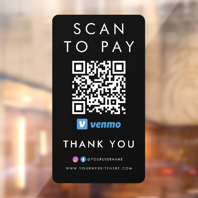 Thank you Venmo Modern Scan to Pay QR Code Black Window Cling (Sheet 2)