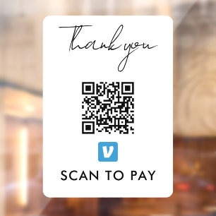 Thank You Venmo QR Code Scan to Pay Modern White Window Cling