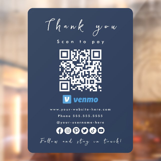 Thank You Venmo QR Code Scan to Pay Navy Blue Window Cling (Sheet 2)