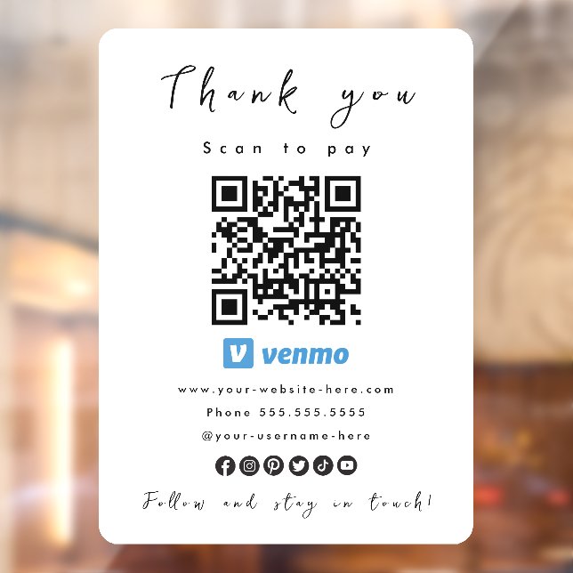 Thank You Venmo QR Code Scan to Pay White Window Cling (Sheet 2)