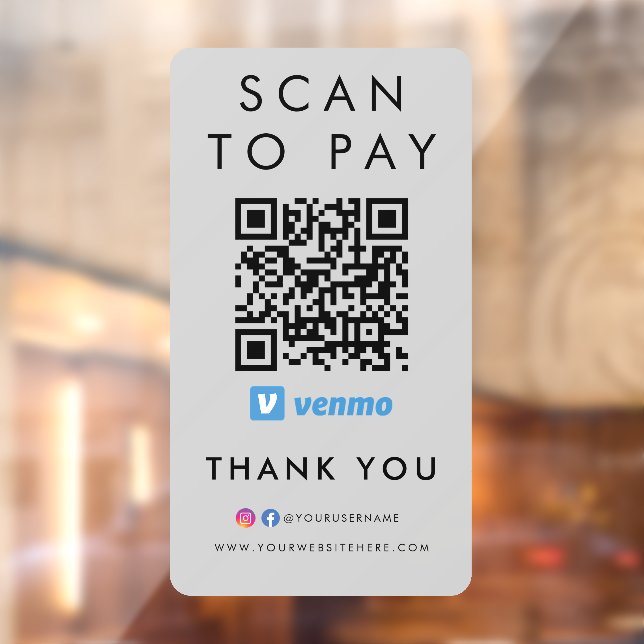 Thank you Venmo Scan to Pay QR Code Modern Grey Window Cling (Sheet 2)