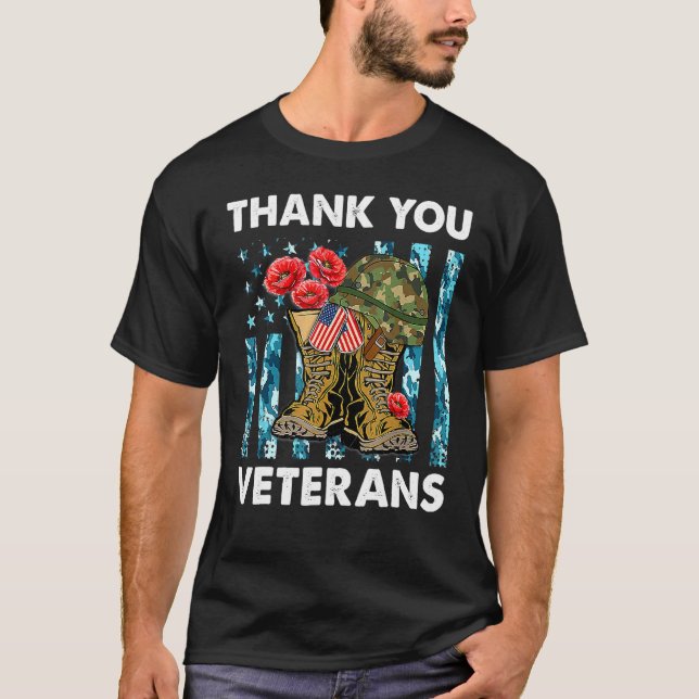 Thank You Veterans Combat Boots Poppy Flower For V T-Shirt (Front)