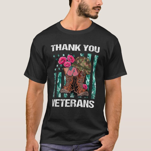 Thank You Veterans Combat Boots Poppy Flower Veter T-Shirt (Front)