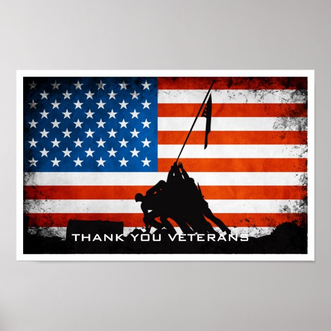Thank You Veterans - Flag and Soldier Silhouette Poster (Front)